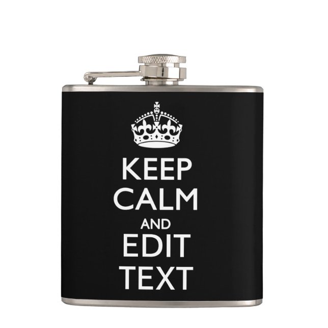 Personalised KEEP CALM Your Text on Black Hip Flask (Front)