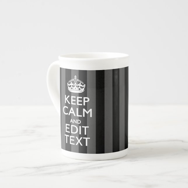 Personalised KEEP CALM Your Text on Black Stripes Bone China Mug (Front Left)