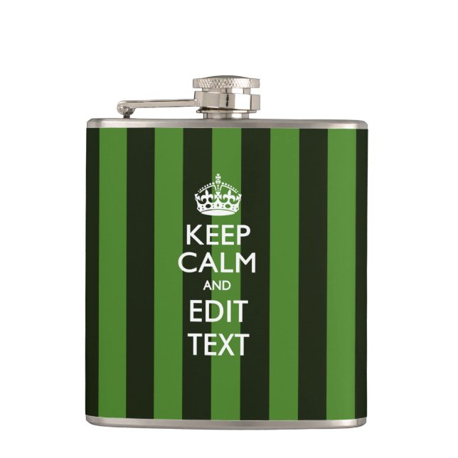 Personalised Keep Calm Your Text on Green Stripes Hip Flask (Front)