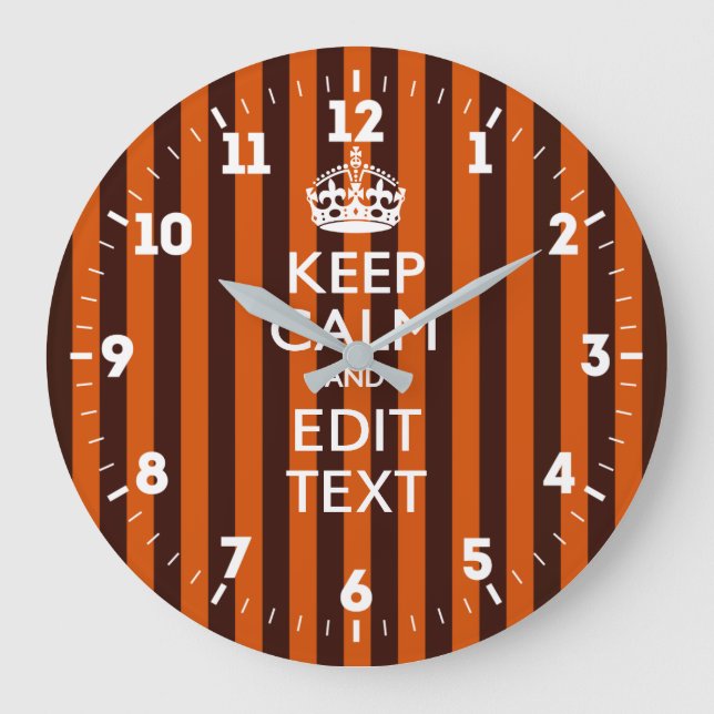 Personalised Keep Calm Your Text on Orange Stripes Large Clock (Front)