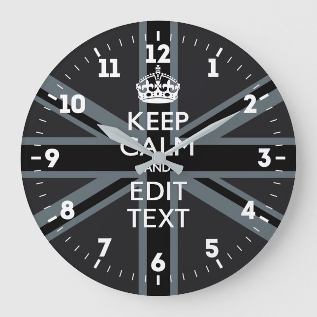 Personalised Keep Calm Your Text UK Flag Black Large Clock (Front)