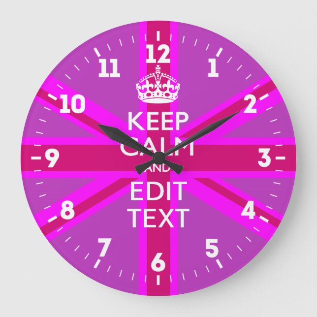 Personalised Keep Calm Your Text UK Flag Pink Large Clock (Front)