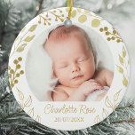 Personalised Keepsake Baby Christmas Photo Ceramic Tree Decoration<br><div class="desc">Commemorate your baby's arrival with this unique keepsake photo ornament.
It is decorated with hand-painted gold foliage and berries. 
Easily customisable with your photo,  name,  and date.
Original Watercolor © Michele Davies.</div>