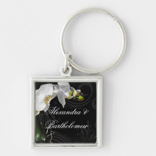 Personalised Keepsake Black & White Orchid Design Key Ring