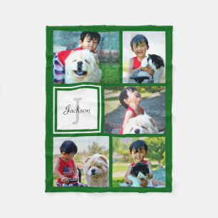 Personalised Kelly Green Photo Collage Monogrammed Fleece Blanket