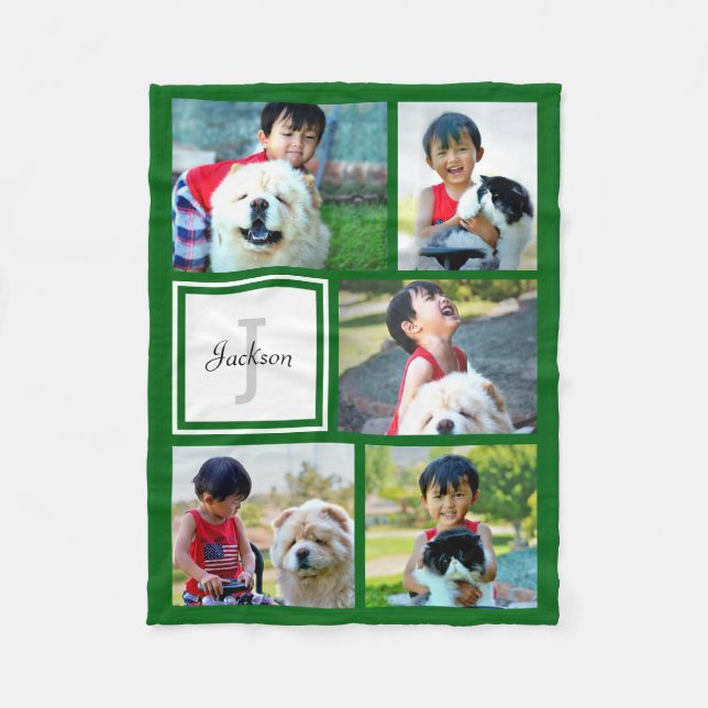 Personalised Kelly Green Photo Collage Monogrammed Fleece Blanket (Front)