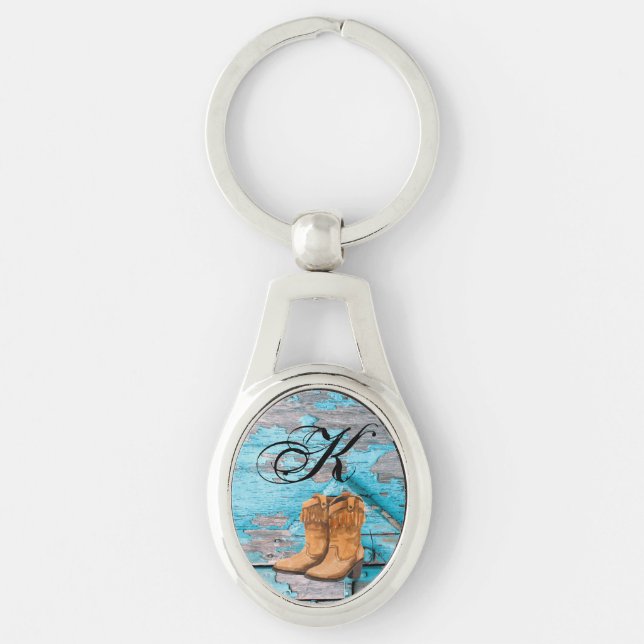 Personalised Key Chain Blue Wood Barn Door Boots C (Front)