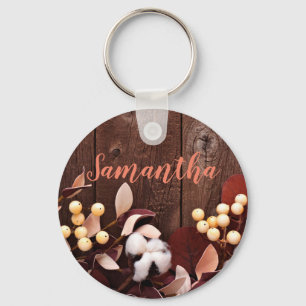 Personalised Key Chain Cotton Branch on Dark Wood