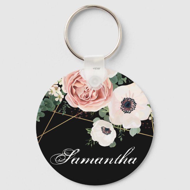Personalised Key Chain Geometric Garden Rose Black (Front)