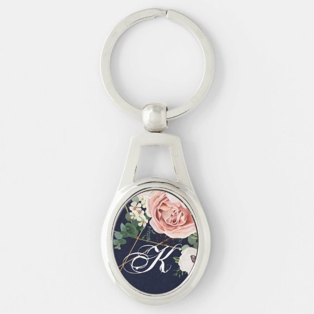 Personalised Key Chain Geometric Garden Rose Navy (Front)