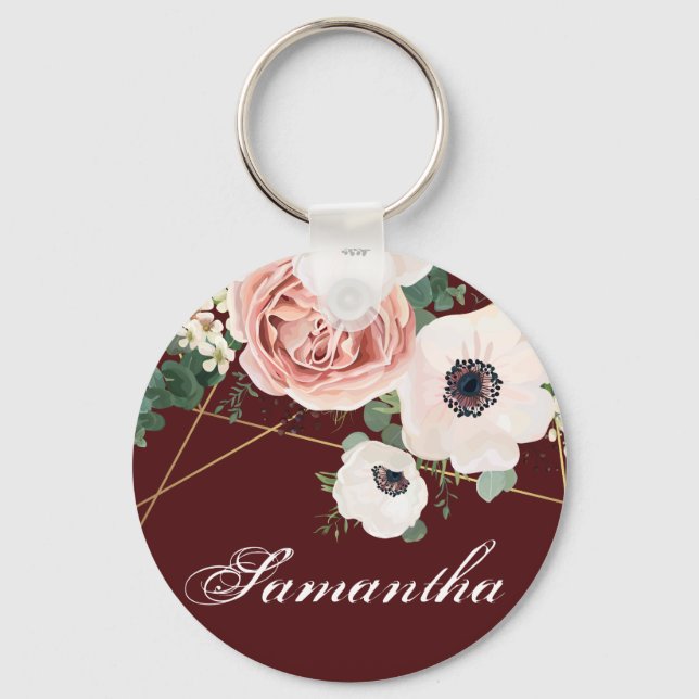 Personalised Key Chain Geometric Garden Rose Wine (Front)