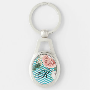 Personalised Key Chain Geometric Rose Chevron Teal
