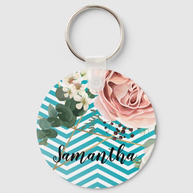 Personalised Key Chain Geometric Rose Chevron Teal (Front)