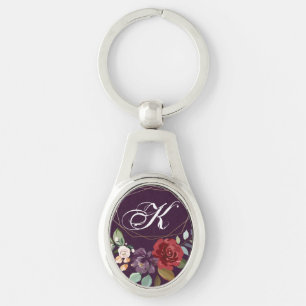 Personalised Key Chain Plum Purple Roses Gold Geom