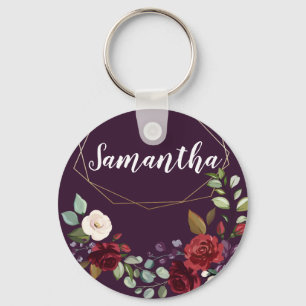Personalised Key Chain Plum Purple Roses Gold Geom