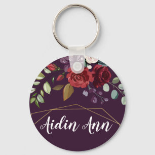 Personalised Key Chain Plum Purple Roses Gold Geom