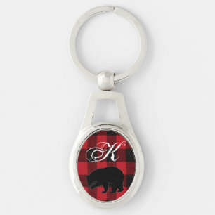 Personalised Key Chain Red Buffalo Plaid Bear Blac