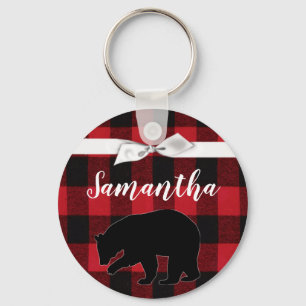 Personalised Key Chain Red Buffalo Plaid Bear Blac