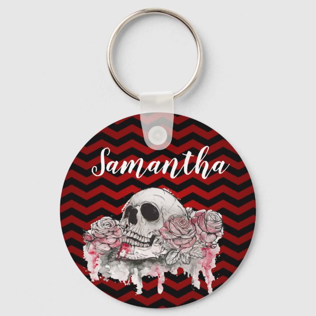 Personalised Key Chain skull Rose goth Chevron bla (Front)