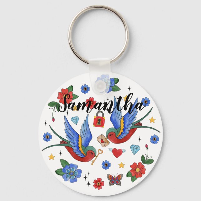 Personalised Key Chain Traditional Bird Tattoo Spa (Front)