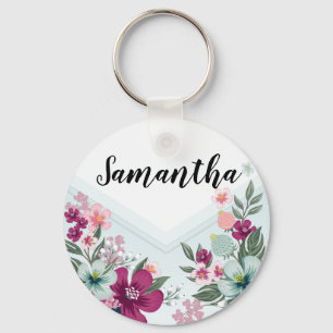 Personalised Key Chain Tropical Flower on Blue Omb