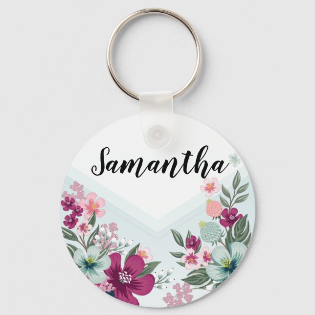 Personalised Key Chain Tropical Flower on Blue Omb (Front)