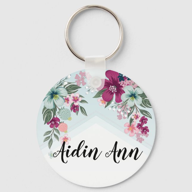 Personalised Key Chain Tropical Flower on Blue Omb (Front)