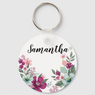 Personalised Key Chain Tropical Flowers on White