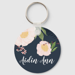 Personalised Key Chain White Floral Flowers on Dar