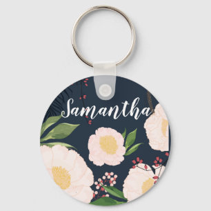 Personalised Key Chain White Floral Flowers on Dar