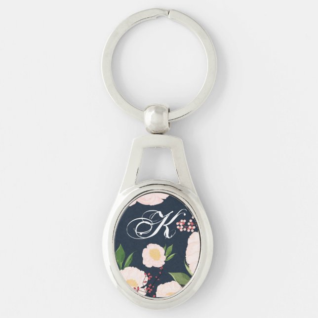 Personalised Key Chain White Floral Flowers on Dar (Front)