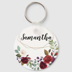 Personalised Key Chain White Roses Gold Geometric