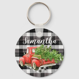 Personalised Key Chain XMAS Truck Baffalo Plaid Bl