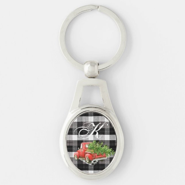 Personalised Key Chain XMAS Truck Baffalo Plaid Bl (Front)