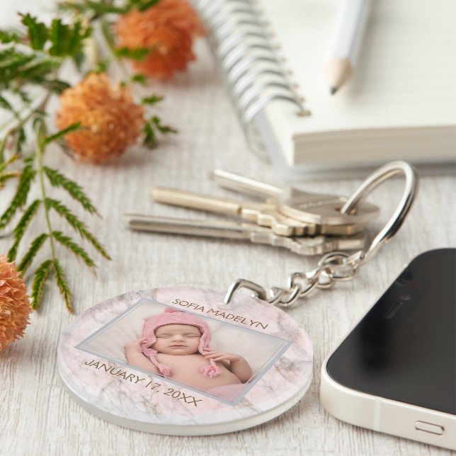 Personalised Keychain With Photo On Pink Marble (Front Right)