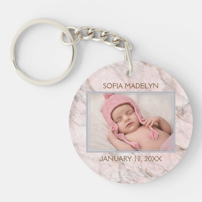 Personalised Keychain With Photo On Pink Marble (Front)