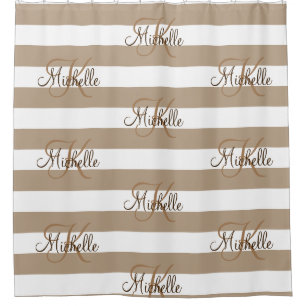 Personalised khaki beige striped shower curtains