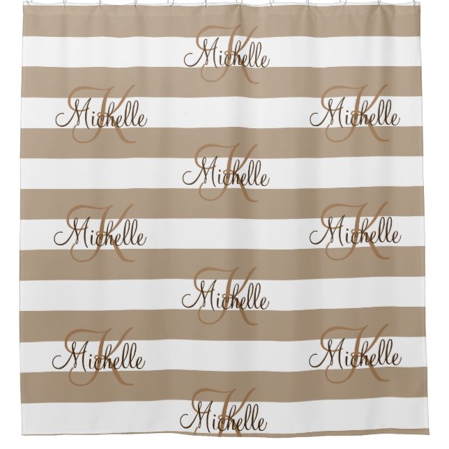 Personalised khaki beige striped shower curtains (Front)