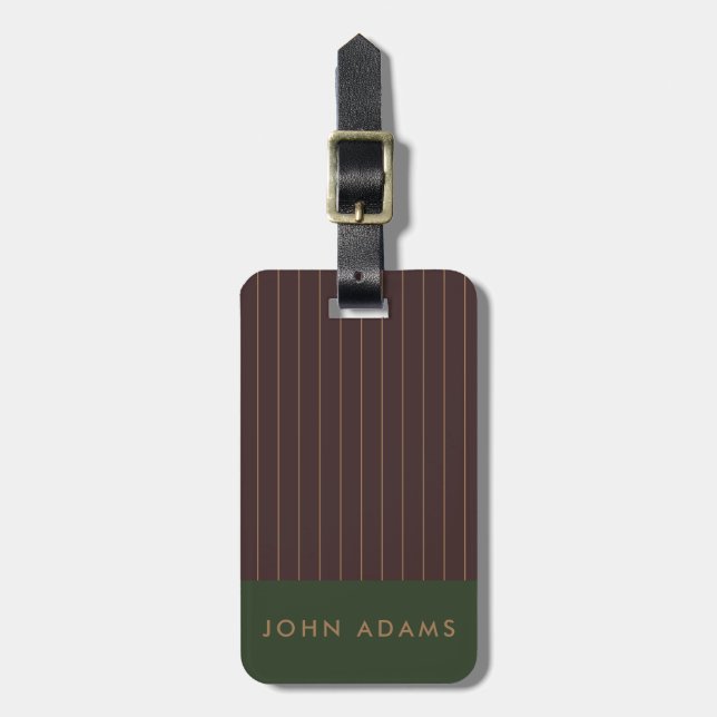 Personalised Khaki Brown Gold Stripe Manly Luggage Tag (Front Vertical)