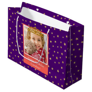 Personalised Kid Photo Happy Birthday Gold Crown Large Gift Bag