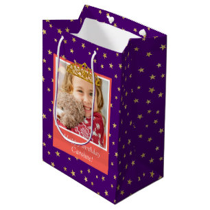 Personalised Kid Photo Happy Birthday Gold Crown Medium Gift Bag