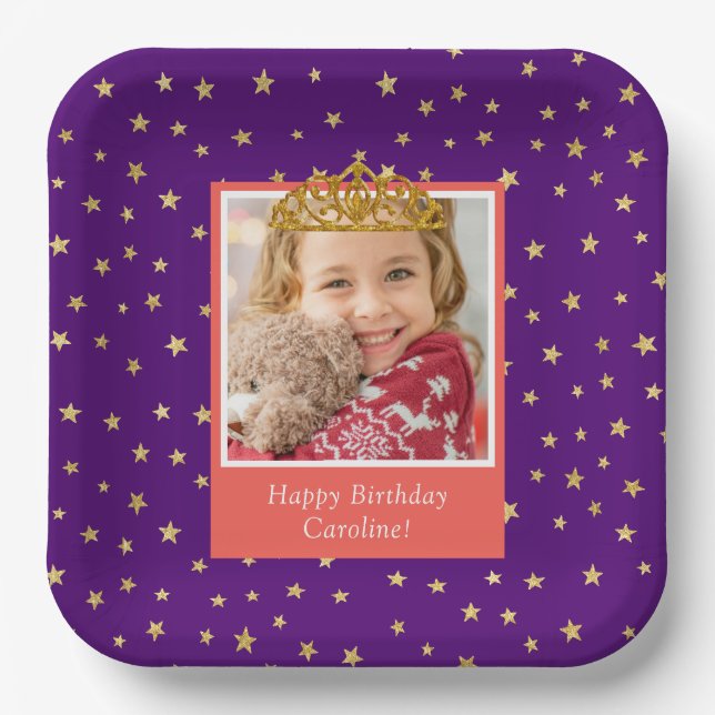 Personalised Kid Photo Happy Birthday Gold Crown Paper Plate (Front)