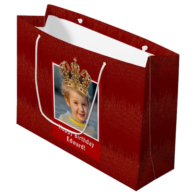 Personalised Kid Photo Happy Birthday King Crown Large Gift Bag (Front Angled)