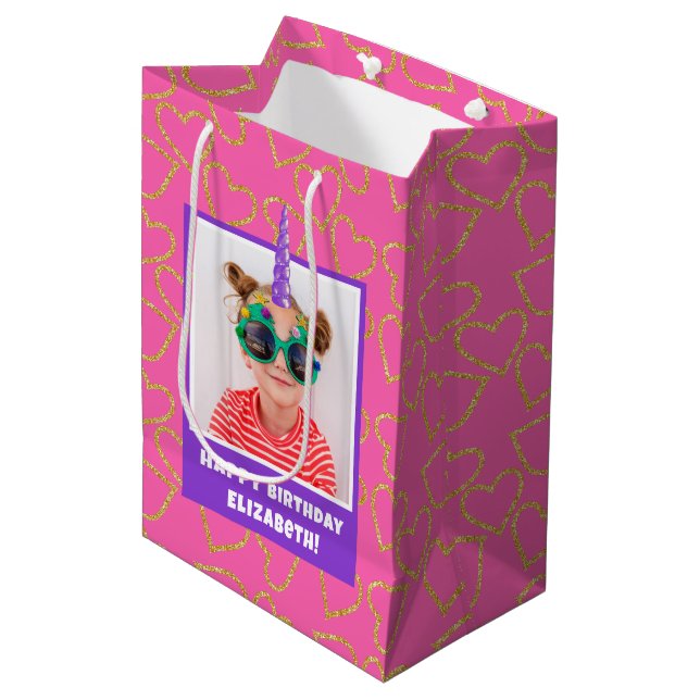 Personalised Kid Photo Happy Birthday Unicorn Medium Gift Bag (Front Angled)