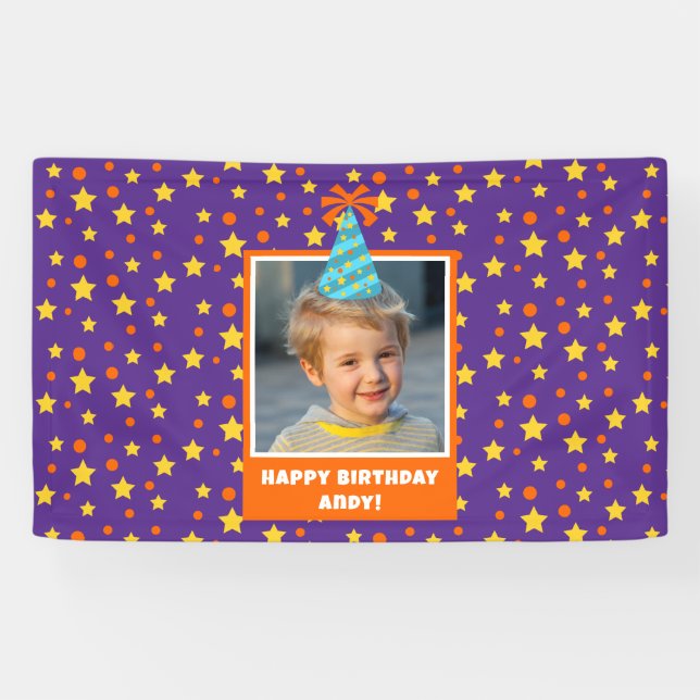 Personalised Kid Photo Happy Birthday w/ Blue Hat Banner (Horizontal)