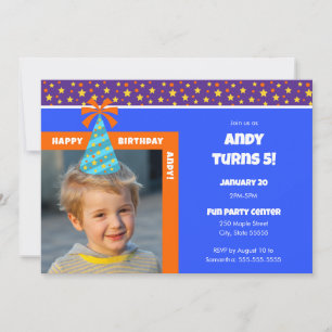 Personalised Kid Photo Happy Birthday w/ Blue Hat Invitation