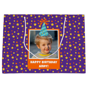 Personalised Kid Photo Happy Birthday w/ Blue Hat Large Gift Bag
