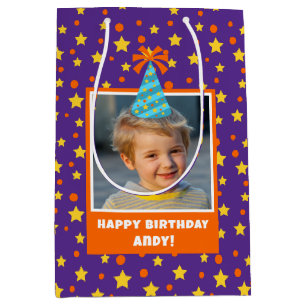 Personalised Kid Photo Happy Birthday w/ Blue Hat Medium Gift Bag