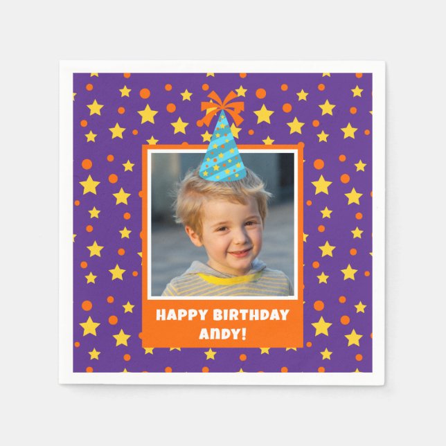 Personalised Kid Photo Happy Birthday w/ Blue Hat Napkin (Front)