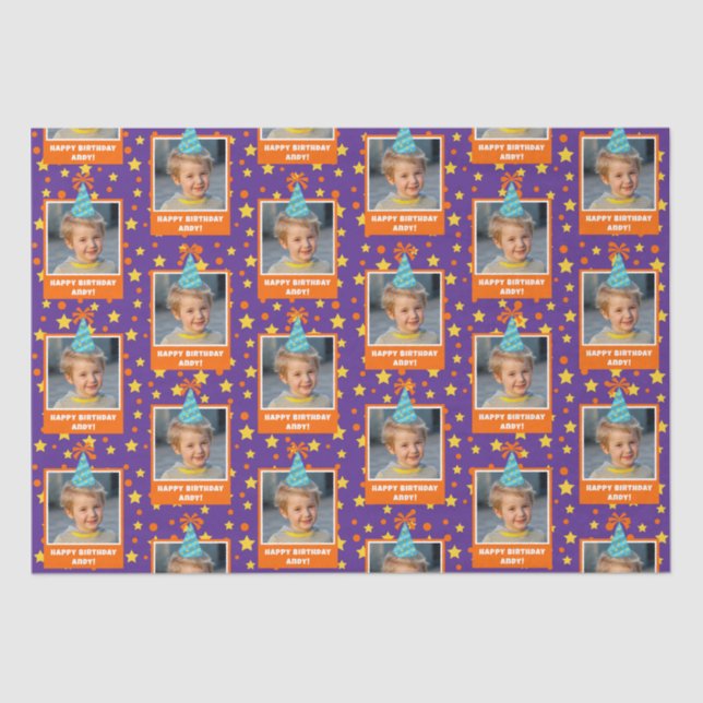 Personalised Kid Photo Happy Birthday w/ Blue Hat Tissue Paper (Front)